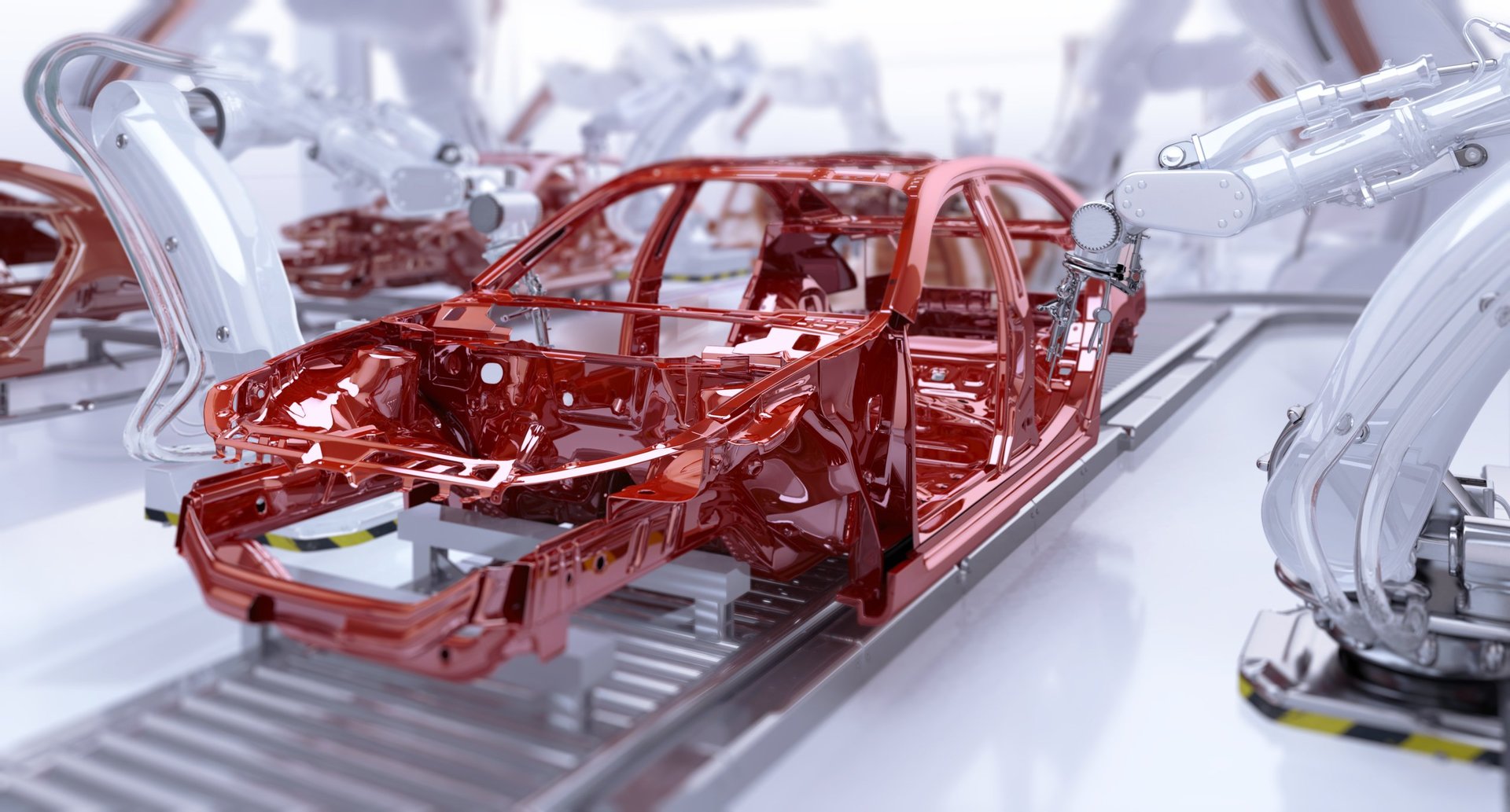 Automated car manufacturing with robotic arms on production line