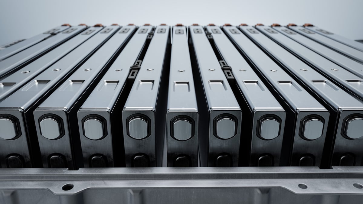 High Performance and High Capacity Blade Battery. Close-up of High-voltage Rectangular Battery Cells for Electric Vehicle or Hybrid Car.